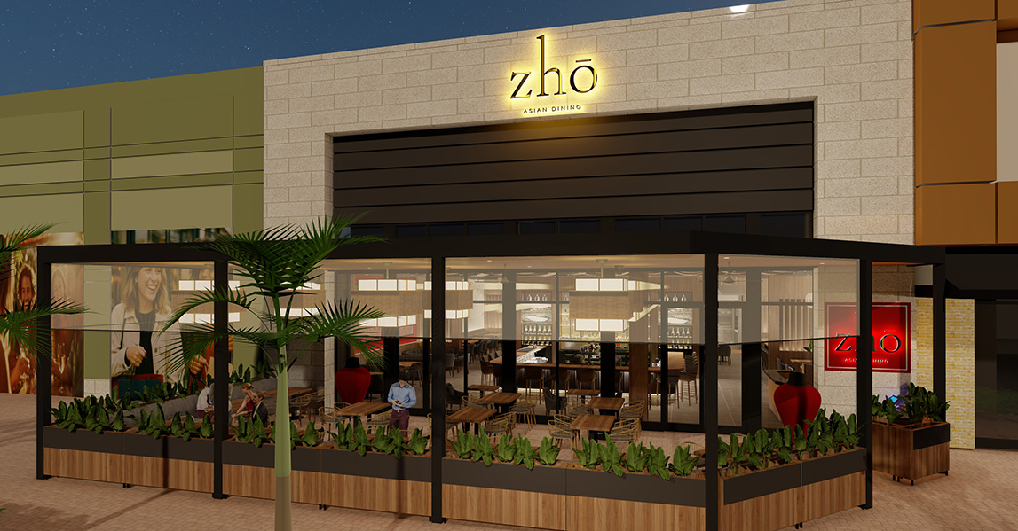 Zho Restaurant concept view front entrance and outdoor dining area